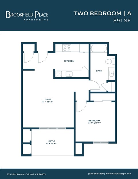 Floor plan for 1 bed, 1 bath, 634 sqft